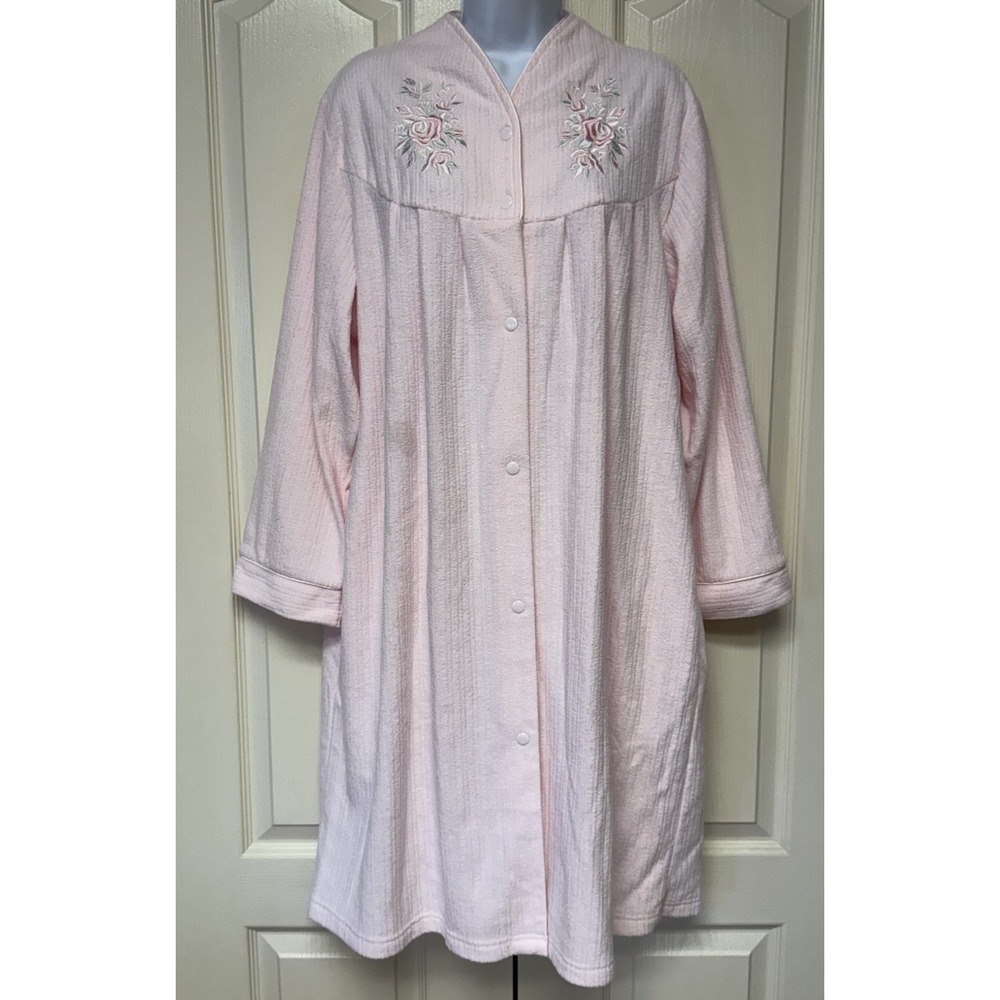 Colette Miss Elaine‎ Robe Housecoat Pink Pockets Floral Embroidery Grandma Large